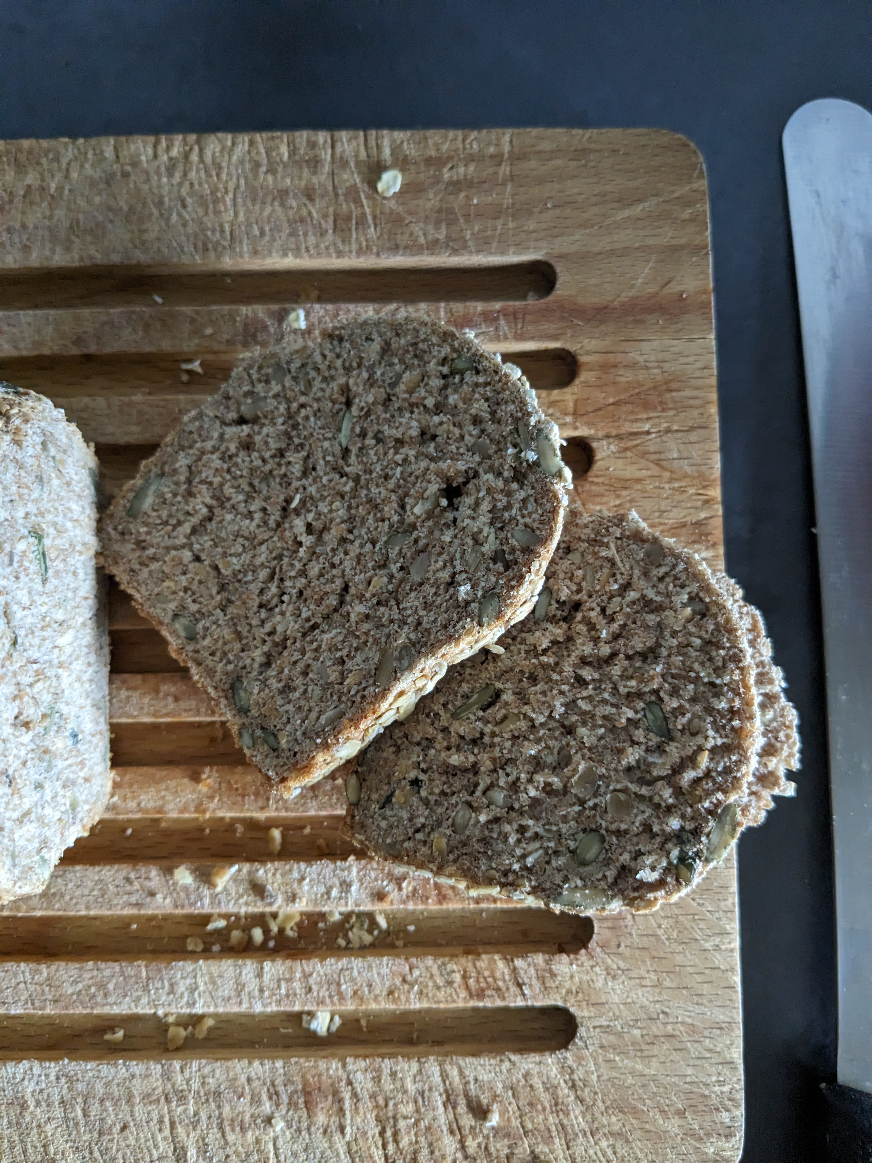 Two slices of the bread, showing the crumb