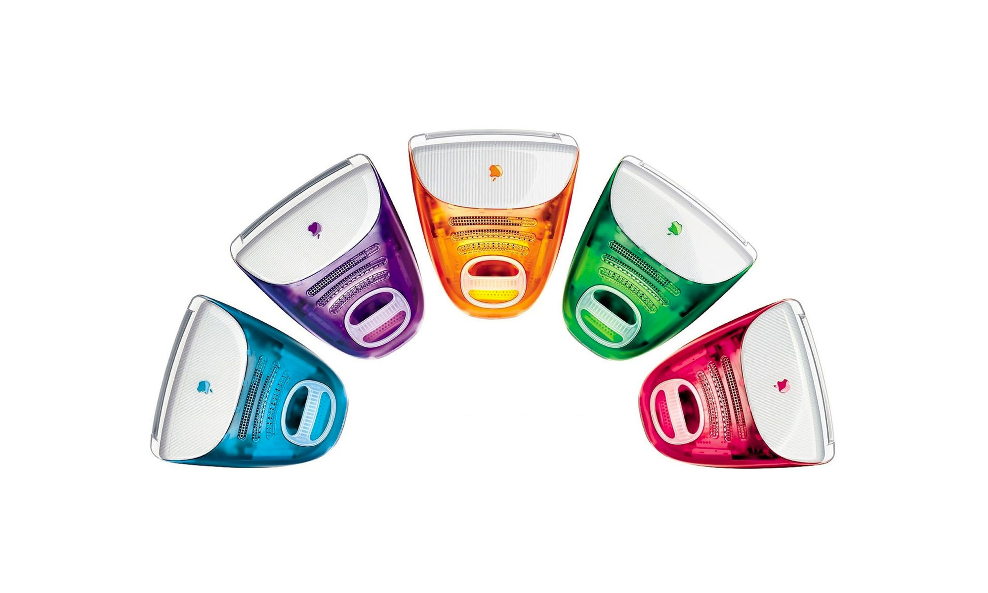 The iMac G3, in blueberry blue, grape purple, tangerine orange, lime green and strawberry red